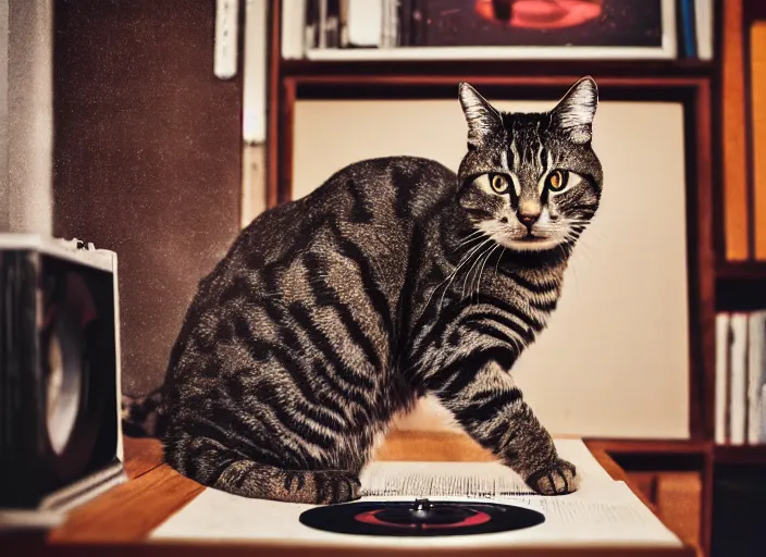 Image similar to photography of a Cat sitting on a record player. in a room full of posters, photorealistic, raining award winning photo, 100mm, sharp, high res