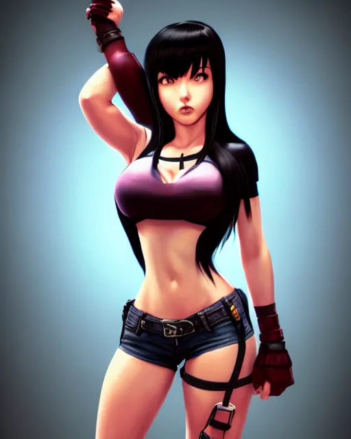 Prompt: a comic book style full body portrait painting of tifa lockheart, character design by Mark Ryden and Pixar and Hayao Miyazaki, unreal 5, DAZ, hyperrealistic, octane render, cosplay, RPG portrait, dynamic lighting, intricate detail, summer vibrancy, cinematic