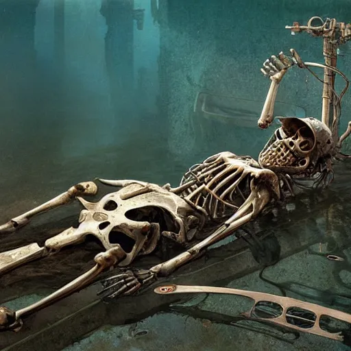 Prompt: a photograph of a skeleton made out of mechanical and biological components submerged and rusted in the water, cinematic, volumetric lighting, f 8 aperture, cinematic eastman 5 3 8 4 film, photorealistic by greg rutkowski, by stanley artgerm, by alphonse mucha