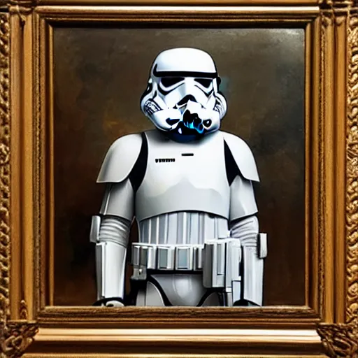 Image similar to a portrait painting of a stormtrooper from star wars in a renaissance style hanging in the louvre