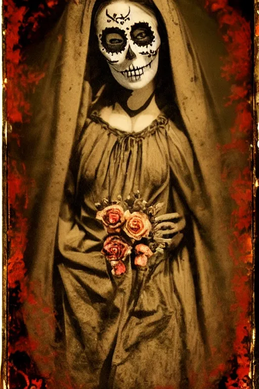 Image similar to tintype virgin mary in dia de muertos dress and make up, horrific beautiful vibe, evocative, atmospheric lighting, painted, intricate, highly detailed,