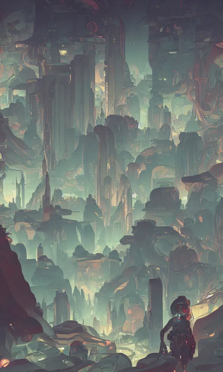 Image similar to Imagine a future city on Mars designed to sustain life for eons, ambient lighting, 4k, alphonse mucha, lois van baarle, ilya kuvshinov, rossdraws, artstation