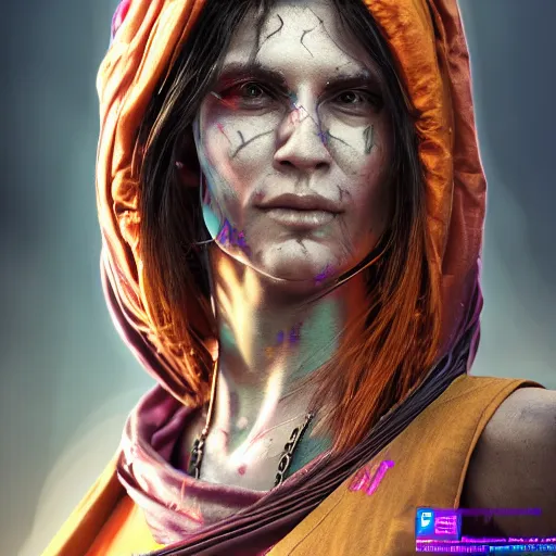 Image similar to Cyberpunk female Aghori Sadhu portrait, 8k , high octane render, unreal engine 5, hyperdetailed, realistic, golden ratio, intricate, cinematic lighting.