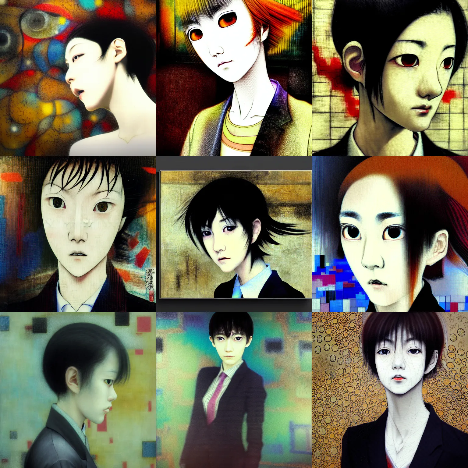 Image similar to yoshitaka amano blurred and dreamy realistic three quarter angle portrait of a young woman with short hair and black eyes wearing office suit with tie, junji ito abstract patterns in the background, satoshi kon anime, noisy film grain effect, highly detailed, renaissance oil painting, weird portrait angle, blurred lost edges