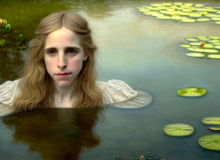 Image similar to 8K, soft light, warm volumetric lighting, highly detailed, brit marling style 3/4 ,view from above of close-up portrait photo of a beautiful woman how pre-Raphaelites painter, face is emerging of a pond with beautiful water lilies, she has a beautiful lace dress and hair are intricate with highly detailed realistic beautiful flowers , Realistic, Refined, Highly Detailed, natural outdoor soft pastel lighting colors scheme, faded colors, outdoor fine art photography, Hyper realistic, photo realistic,warm lighting,