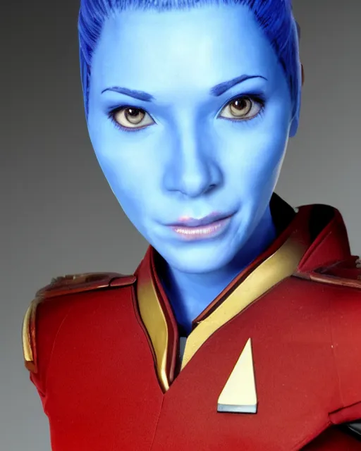 Prompt: Half length portrait photo of an Asari from Mass Effect, blue skin, as a Starfleet officer