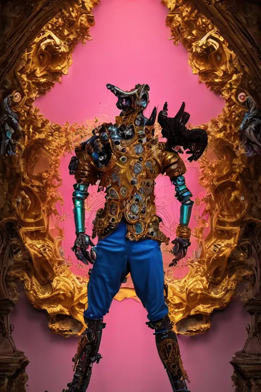 Image similar to full-body rococo and cyberpunk style sculpture of a young handsome Spanish prince half android with a chest exposing a glowing orange gem, glowing pink laser eyes, crown of blue gears and giant diamonds, swirling salmon-colored silk fabric, robotic raptors dinosaurs. baroque elements. full-length view. intricate artwork by caravaggio. Trending on artstation, octane render, cinematic lighting from the right, hyper realism, octane render, 8k, depth of field, 3D