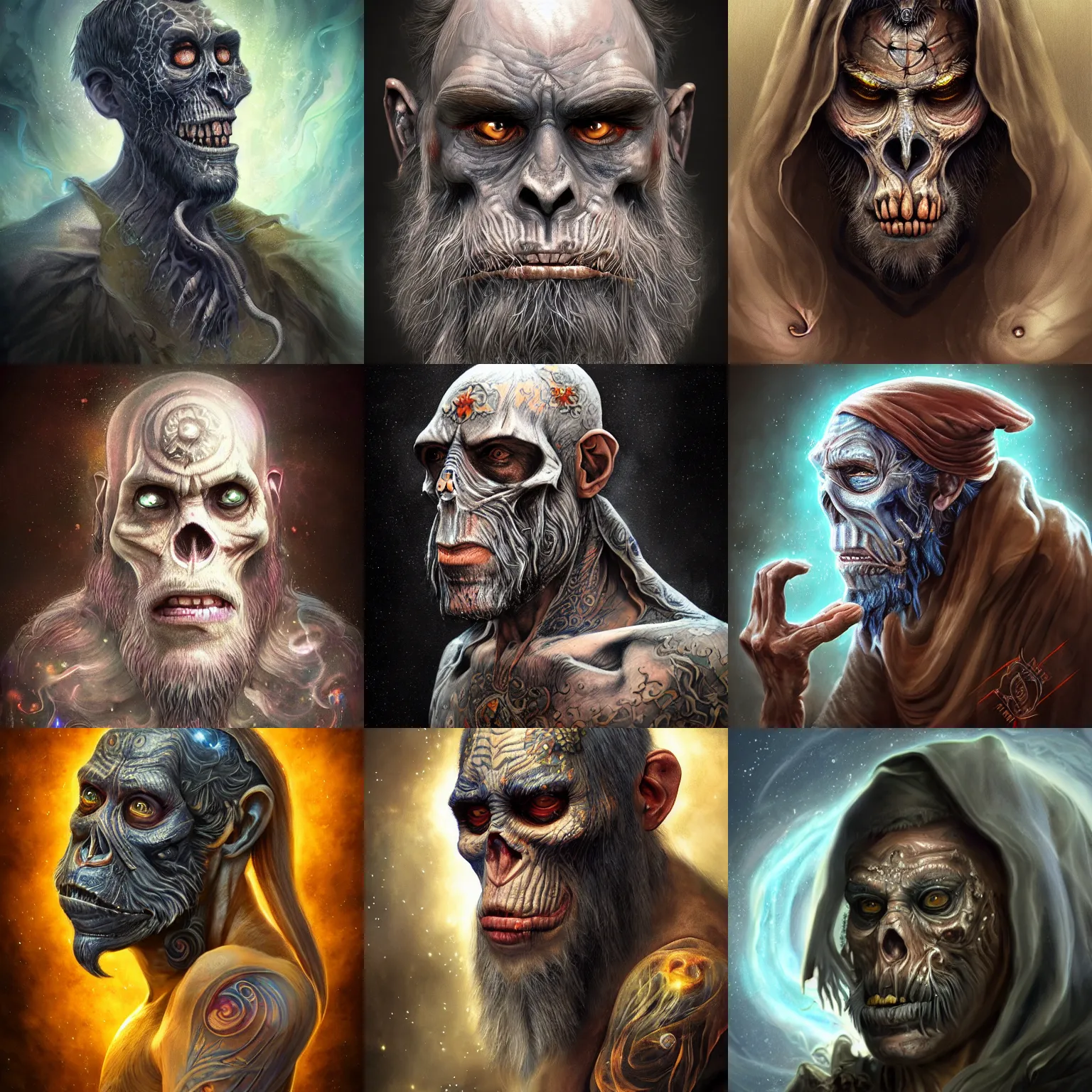 Image similar to a wlop 3 d render of very very very very highly detailed beautiful mystic portrait of a phantom undead mage ape with whirling galaxy around, tattoos by anton pieck, intricate, extremely detailed, digital painting, artstation, concept art, smooth, sharp focus, illustration, intimidating lighting, incredible art,