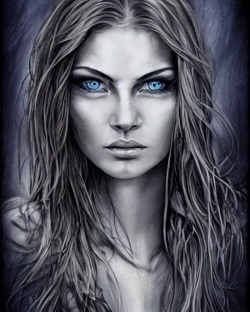 Image similar to tattoo design sketch of a beautiful blue - eyed woman face with a faded background of beautiful mountains and nature on her side, hyper - realistic, in the style of den yakovlev, amazing detail, black and white
