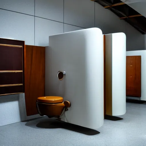 Prompt: a mid century modern toilet designed by Charles and Ray Eames displayed in a museum