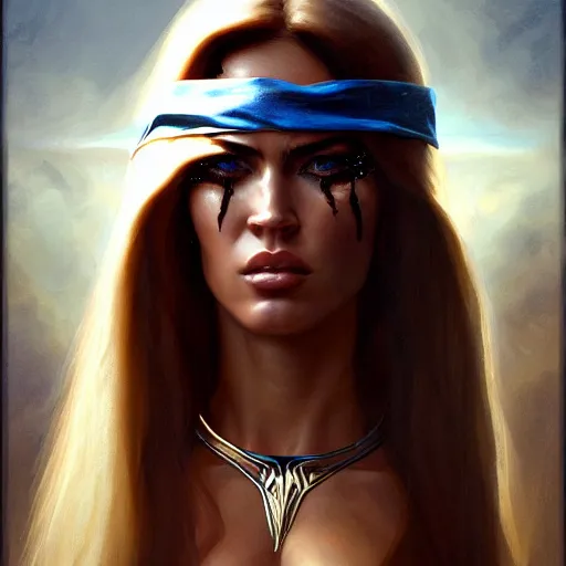 Image similar to ! dream portrait of megan fox blindfolded, muscular upper body, collar, greek, jewelry, blue dress, fantasy, intricate, elegant, highly detailed, digital painting, artstation, concept art, matte, sharp focus, illustration, art by aenaluck and roberto ferri and greg rutkowski, epic fantasy, digital painting