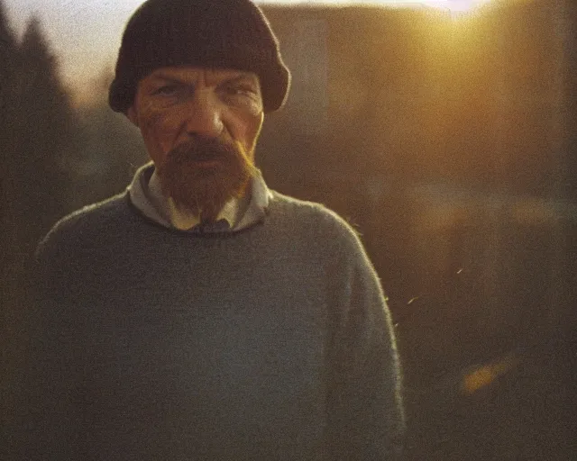 Image similar to award - winning lomographic tarkovsky film still of 4 0 years russian man with beard and sweater standing on small hrushevka 9 th floor balcony in taiga looking at sunset, cinestill, bokeh