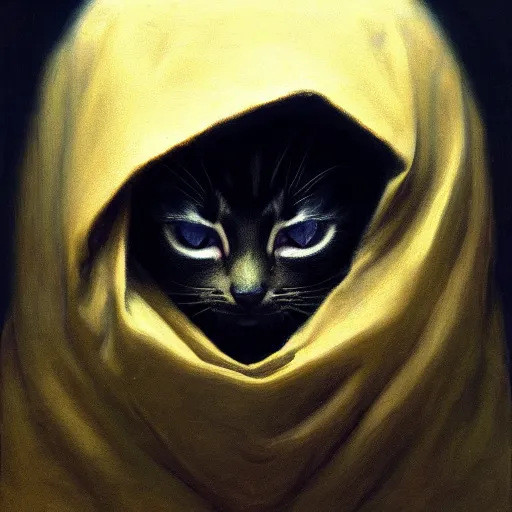 Image similar to a portrait of a kitten wearing a black hood, cloak covering face, anatomically correct, beautiful perfect face, enigmatic, oil painting, matte, black background, Volumetric dynamic lighting, Highly Detailed, Cinematic Lighting, Unreal Engine, 8k, HD, by Beksinski