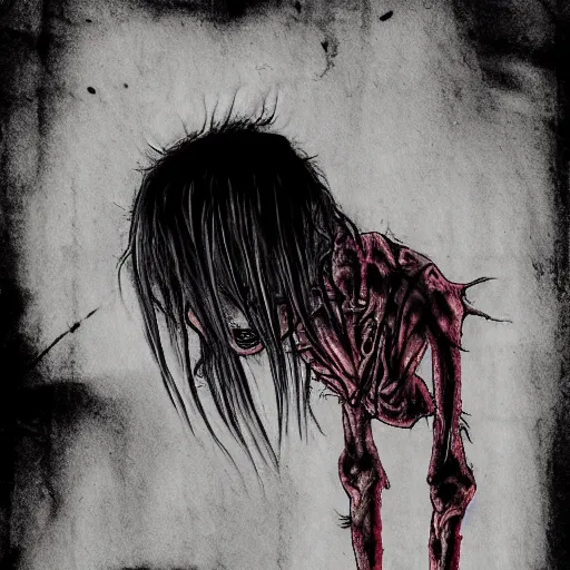 Image similar to grunge drawing of an alien in the style of the grudge | horror themed