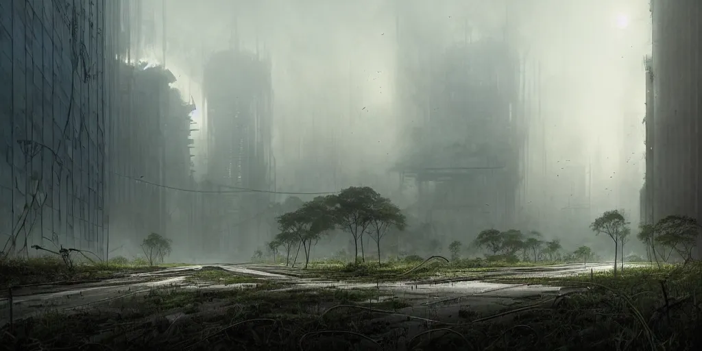 Image similar to ruins of a modern city, daytime, overgrown, cracked roads with weeds, misty, giant concrete tower in the distance, ultra high definition, ultra detailed, symmetry, sci - fi, dark fantasy, by greg rutkowski and ross tran