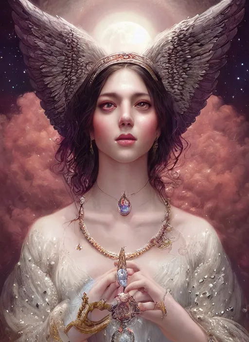 Image similar to A beautiful digital painting of a female angel full of jewels, princess, the moon behind her, intricate, cinematic lighting, highly detailed, digital painting, Artstation, concept art, smooth, sharp focus, illustration, art by Tom Bagshaw, Artgerm and Greg Rutkowski