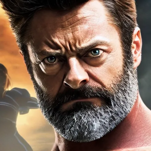 Image similar to x - men's wolverine played by nick offerman, photorealistic logan marvel movie still, detailed 8 k, poster style, high resolution