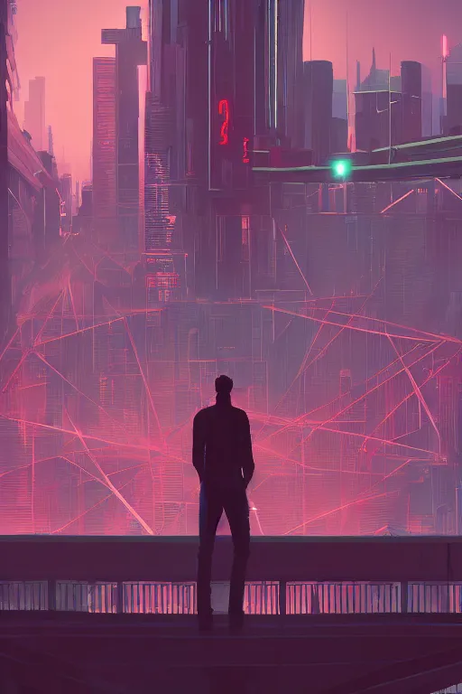 Image similar to a man standing on top of a bridge over a city, cyberpunk art by james gilleard, cgsociety, retrofuturism, synthwave, cityscape, 2 d game art