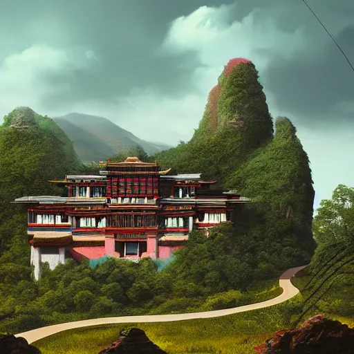 Image similar to house inspired by a tibetan palace on a hill, big green trees, colorful clouds, dramatic lighting, artstation, matte painting, raphael lacoste, simon stalenhag, frank lloyd wright