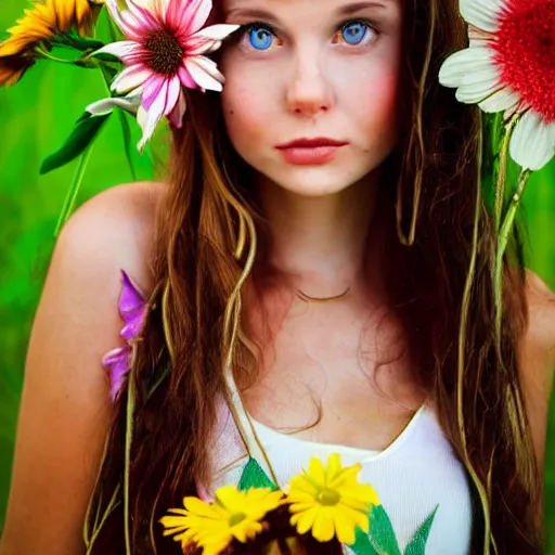 Image similar to a portrait of a young lady with perfect face, hot summertime hippie, fancy dress , flowers background , sunny day, highly detailed, realistic portrait, perfect design, natural light