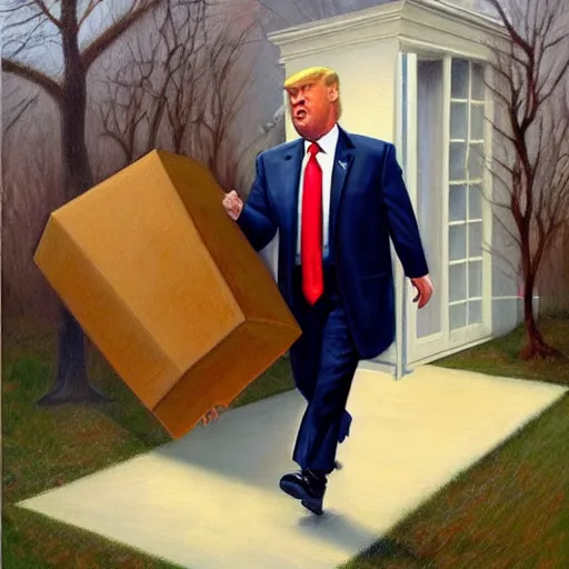 Image similar to jon mcnaughton painting of donald trump sneaking out of the white house with a box labeled top secret