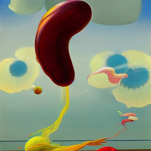 Prompt: Giant jellybean jellyfish fly through the air, as a tornado approaches, by Takashi Murakami, Edward Hopper, Bo Bartlett, and Cynthia Sheppard, Artstation