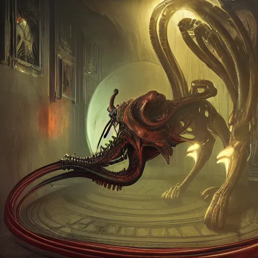 Prompt: mickey mouse xenomorph chimera lurking in dark room, round ears, red pants, designed by h. r. giger, highly intricate detailed 8 k ultrarealistic octane render by artgerm and rutkowski and beksinski and mucha