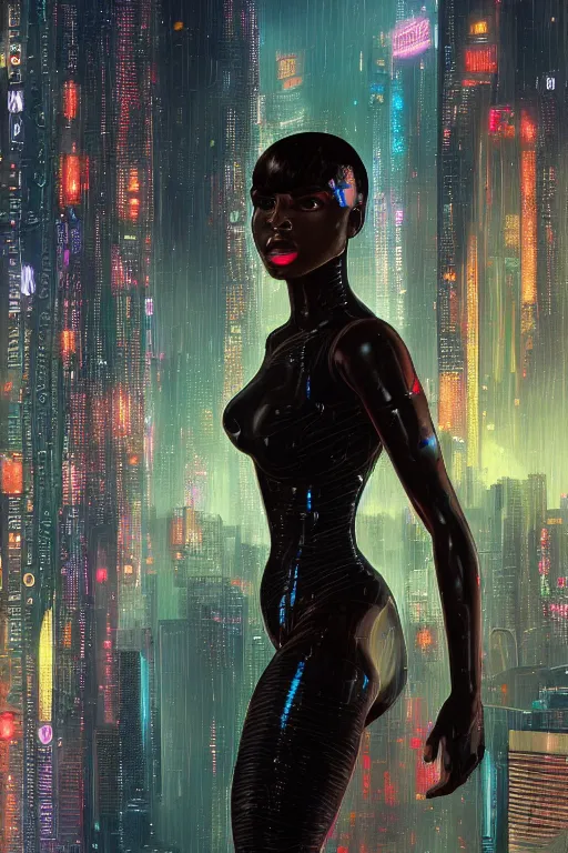 Image similar to a beautiful young Black woman, cyberpunk, Blade Runner city background, highly detailed, artstation, illustration, art by Gustav Klimt