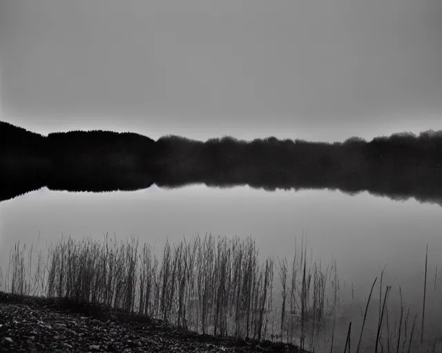 Prompt: lake by Andrei Tarkovsky, mist, mountains, lomography photo effect, monochrome, noise grain film