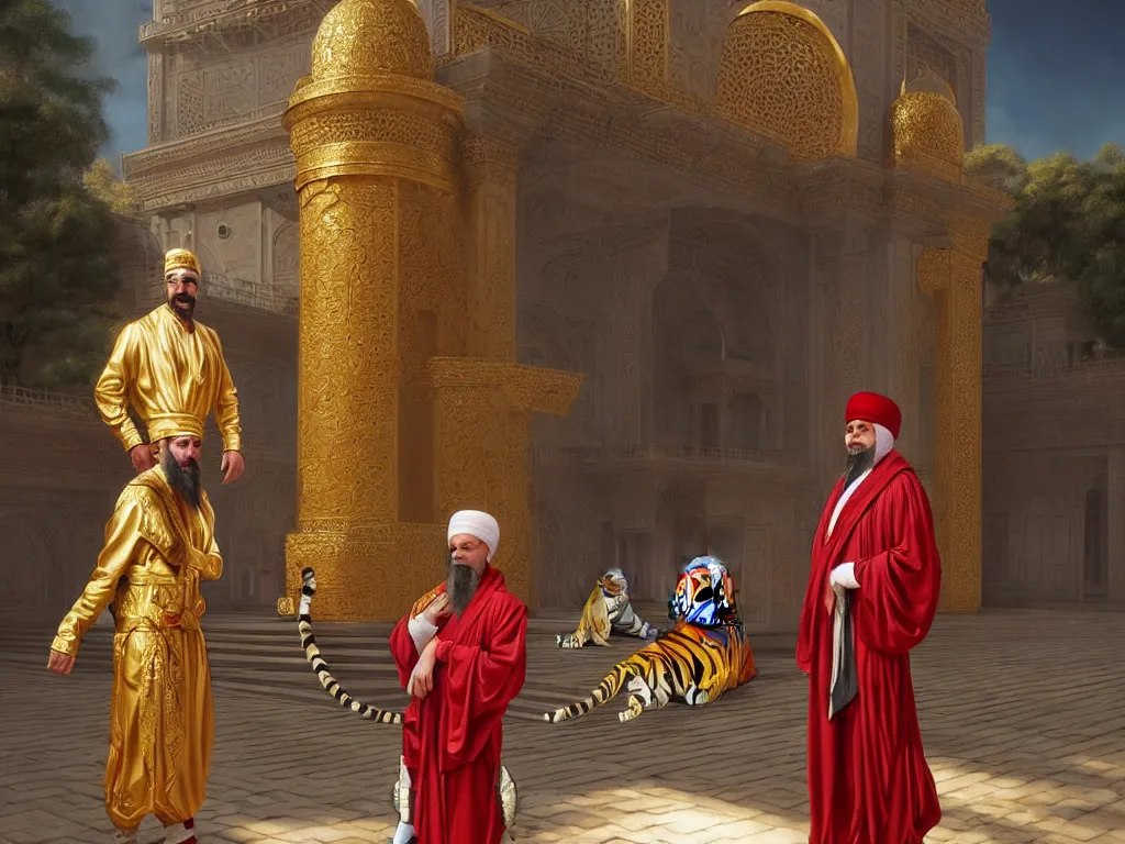 Image similar to moor with fez and turban in gilded silken robes with pet tiger at his side in front of immaculate palace intricate. highly detailed highly detailed, photorealistic, octane render, 8 k, unreal engine. art by artgerm and greg rutkowski and wayne barlowe