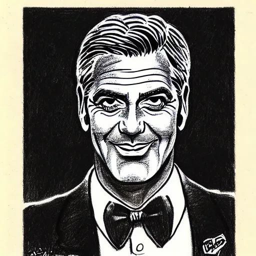 Image similar to a portrait drawing of George Clooney drawn by Robert Crumb