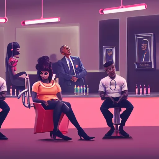 Prompt: illustration of nicki minaj sitting next to barack obama in a barbershop. symmetry, cinematic scene. ambient lighting, brownish colors, hyper detailed. octane render. concept art. trending on artstation.