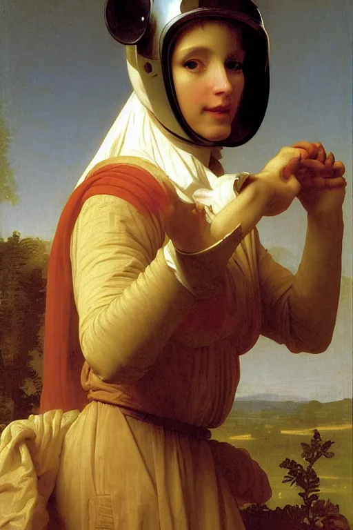 Image similar to portrait of women in astronaut helmets an ancient human species, single person, renaissance, rococo, by bouguereau