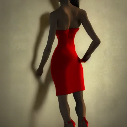 Prompt: woman, red short dress, black hair, octane render, by milo manara, 3 d render, red high heels