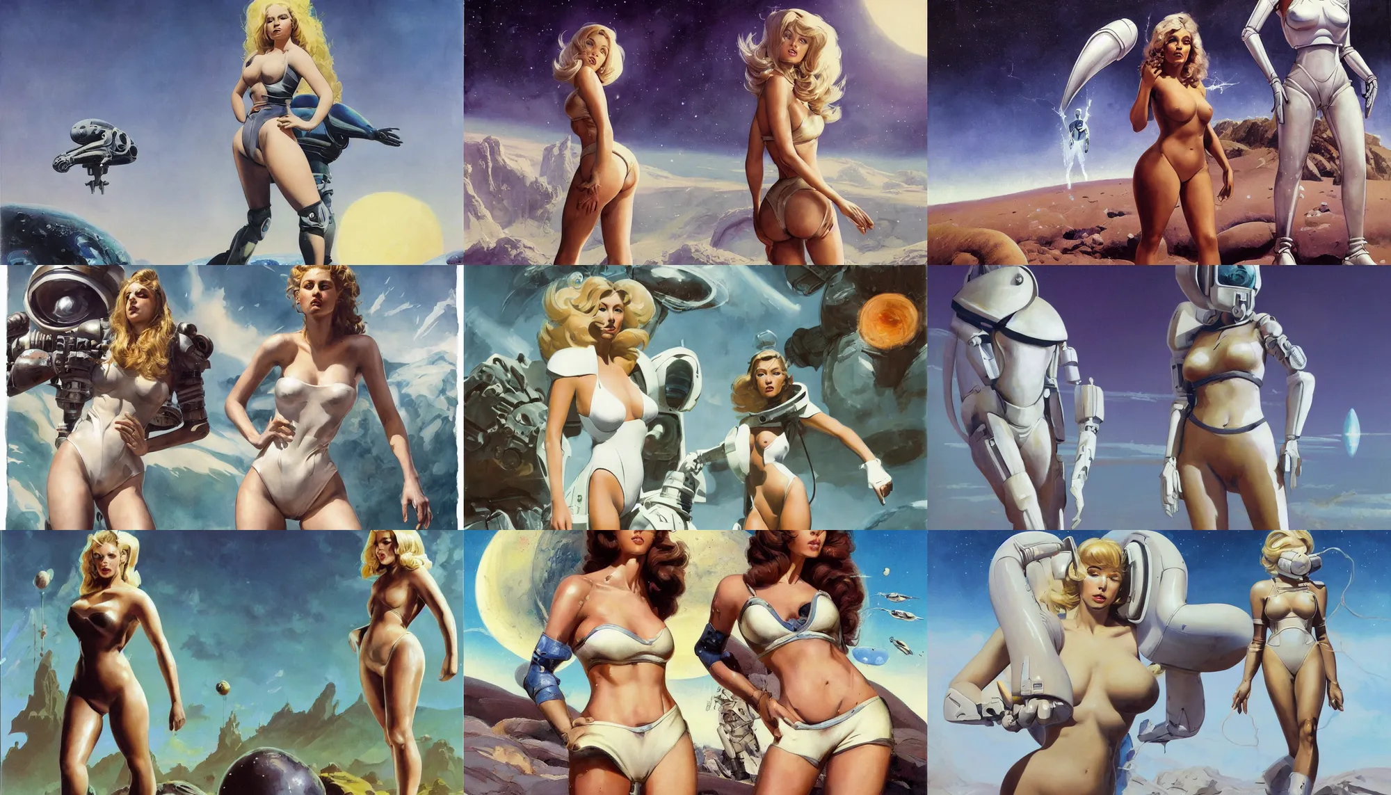 Prompt: A mixed media portrait painting of a beautiful blonde brunette woman exploring an alien planet, very curvy, aesthetic! high-waisted white-bikini-armor and boots, aesthetic symmetrical face and eyes, model, Scandinavian, wet, discarded mechsuit in background, by Frank Frazetta, Boris Vallejo, Beeple, Greg Rutkowski, Christian MacNevin, eighties-pinup style, epic fantasy character art, high fantasy, CGsociety, exquisite detail, post-processing, masterpiece, cinematic