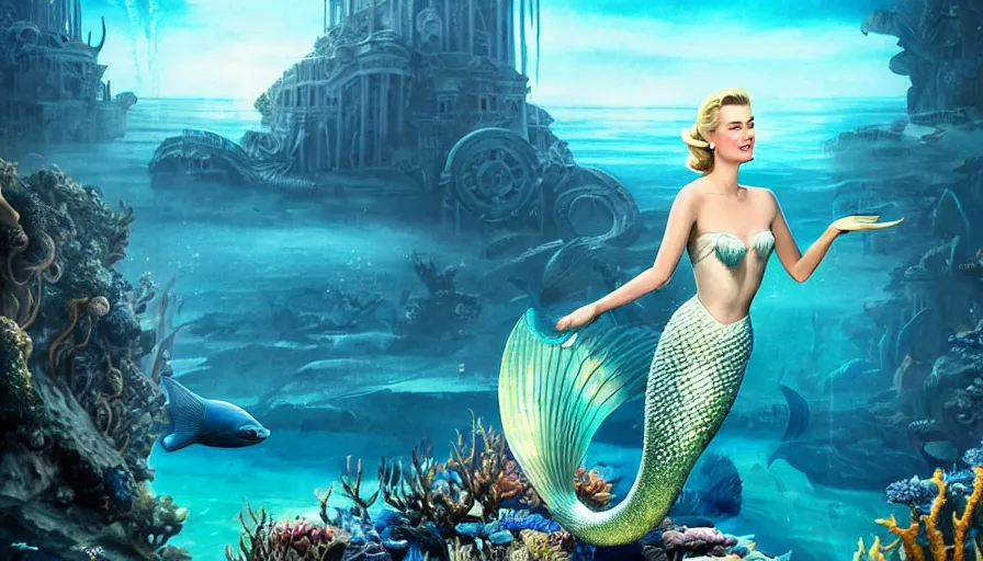 Prompt: Grace Kelly as a beautiful mermaid looking at the sunken city of Atlantis under water, rays of sunlight, stunning grand architecture, fish and sea creatures in background, art by Tim Doyle, 8k octane beautifully detailed render, post-processing, extremely hyperdetailed, intricate, epic composition, grim yet sparkling atmosphere, cinematic lighting + masterpiece, trending on artstation, very detailed, vibrant colors, Art Nouveau, volumetric god rays, deep underwater scene, sharp focus, smooth, dizzy, moody