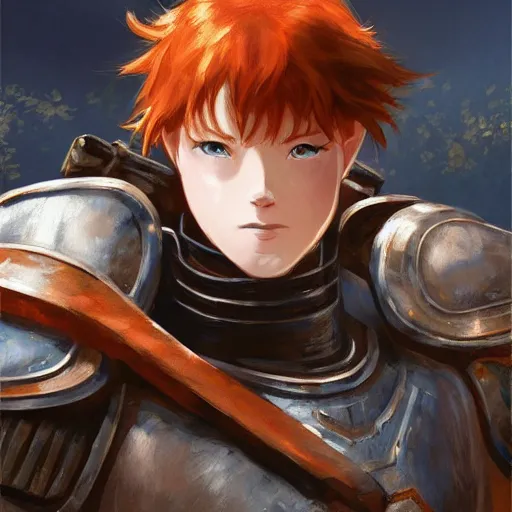 Prompt: portrait of a young redheaded boy with blue eyes and wearing armor, medieval background, highly detailed, digital painting, artstation, matte, by makoto shinkai, animation style, studio ghibli, anime key visual