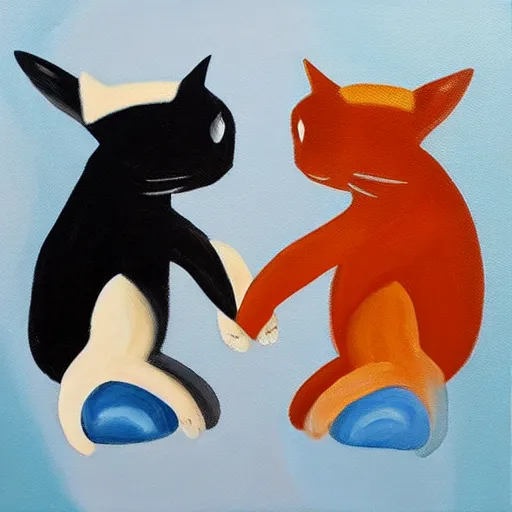Image similar to a painting of two cats fist bumping each other, there is an explosion behind them