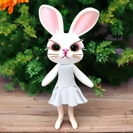 Image similar to beautiful fit female anthropomorphic rabbit with symetric face wearing dress, full body, 5 5 mm