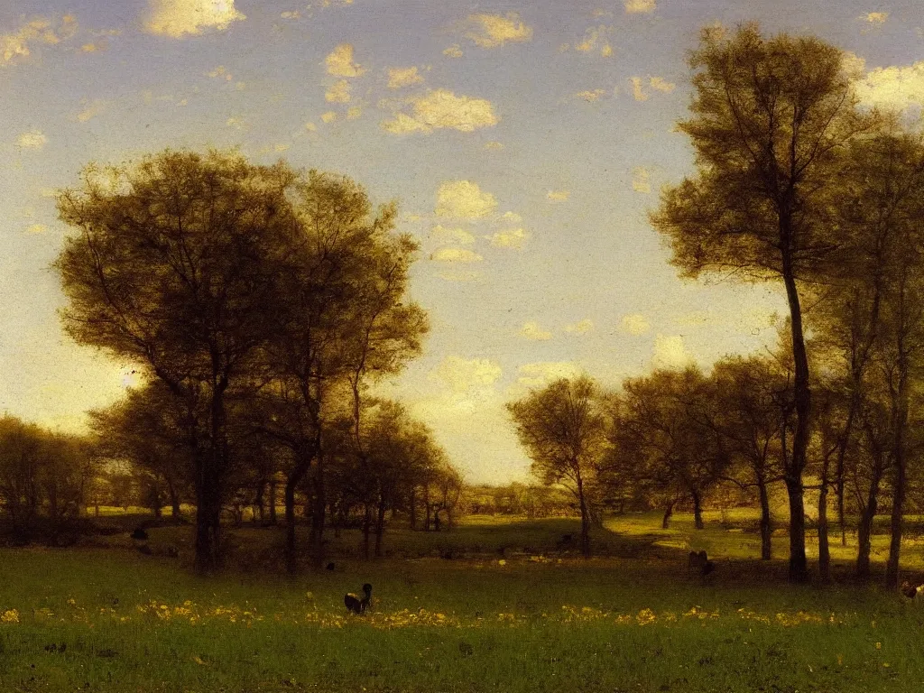 Image similar to a beautiful landscape, springtime morning, by george inness, oil on canvas, luminism, hyperrealism