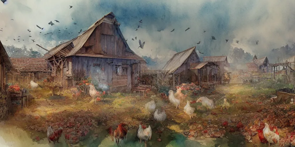 Image similar to a beautiful insanely intricate watercolor illustration of a poultry farm, colorfull, by william turner art, by greg rutkowski, by james jean, by rossdraws, by frank franzzeta, by sakimichan, by edmund dulac, trending on artstation, insanely detailed, masterpiece,