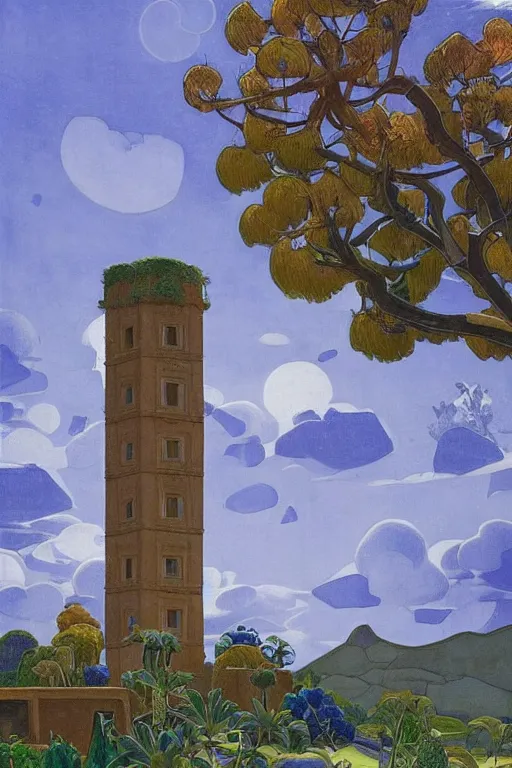 Prompt: view of the ancient blue tower in its gardens after a storm, tall windows, beautiful moorish ornament, dramatic cinematic lighting, rich colors, golden age illustration, by Sylvain Sarrailh and Nicholas Roerich and Ludwig Deutsch and April Gornik