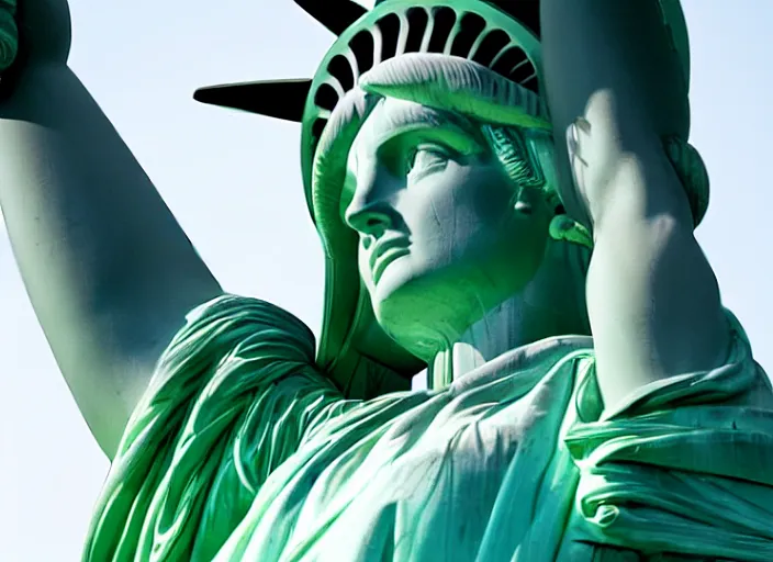 Prompt: what the statue of liberty would look like as a real woman, movie still, 8 k, realistic, award winning portrait