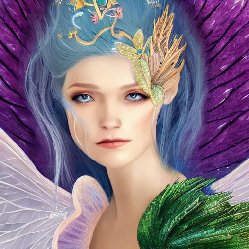 Prompt: detailed portrait of a fairy queen with wings wearing a silk robe and a cover for her face, crown, pixie, iris, realism, emerald, galaxy, sapphire,blonde hair going down to the floor, moonlit, dark fantasy, dramatic lighting, cgsociety, artstation