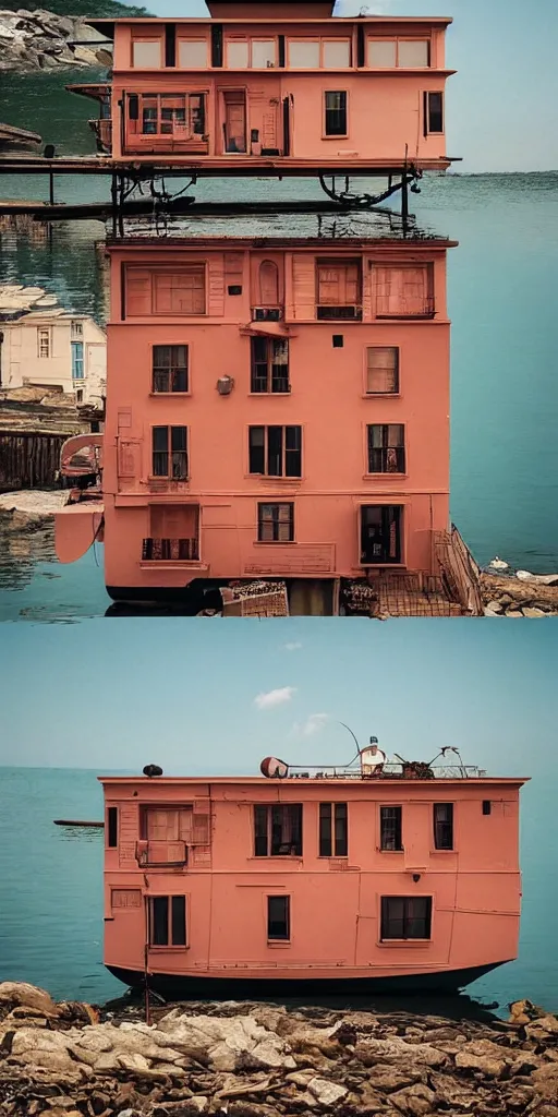 Image similar to wes anderson style beautiful floating building