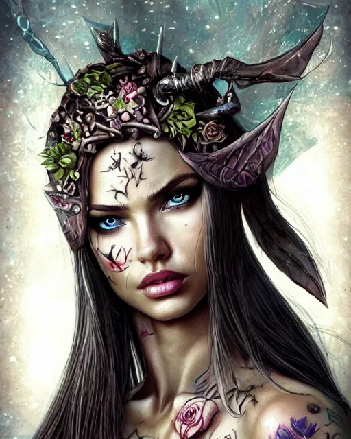 Prompt: close-up face centred portrait Adriana Lima as a female elf, body covered in floral tattoos and elfish runes , open magic book glowing, D&D, fantasy, highly detailed, digital art, fantasy illustration, trending on artstation, smooth, sharp focus, illustration, art by artgem and ROBERT HYNES