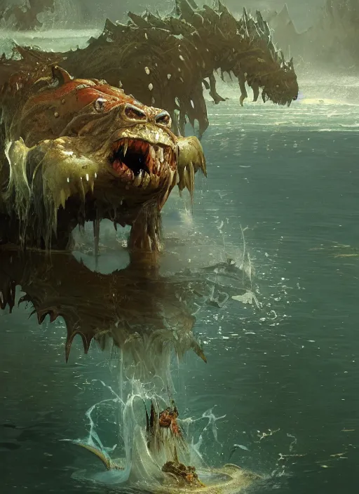 Image similar to huge towering brute beast demonic monster emerging from lake on sunny day, splashing, partially submerged, water cascading, by sergey kolesov and lawrence alma tadema and norman rockwell and greg staples and craig mullins and john berkey and ruan jia, artstation creature art
