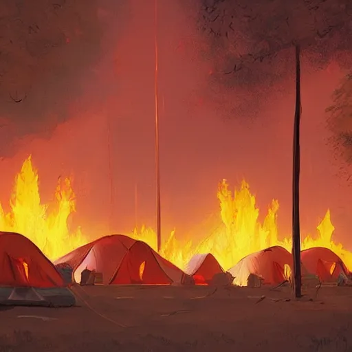 Image similar to a camp with tents on fire, burning down, shadows of girls watching the camp burn, painted by Sylvain Sarrailh