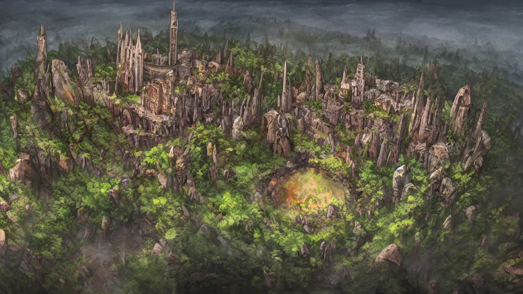 Prompt: a big deep meteor crater in the middle of a perennial forest with ruins of an old fantasy castle around and a populous medieval rich fantasy city castle built inside the crater, digital fantasy art, bird's-eye view, tall mountains in the horizon, 8k, in the style of Noah Bradley