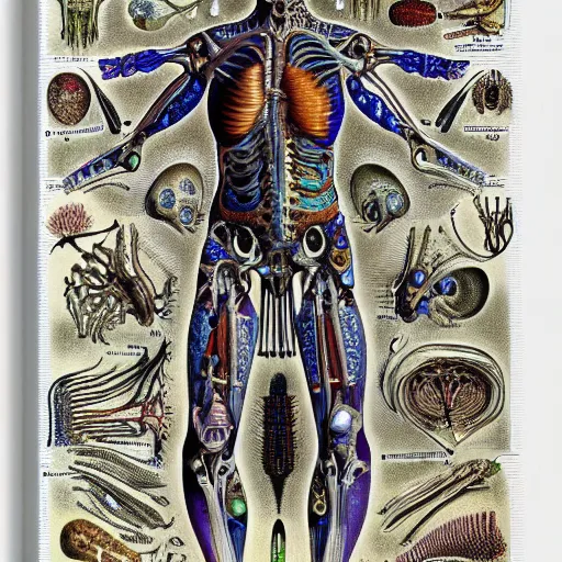 Image similar to cyborg anatomy by ernst haeckel, masterpiece, vivid, very detailed
